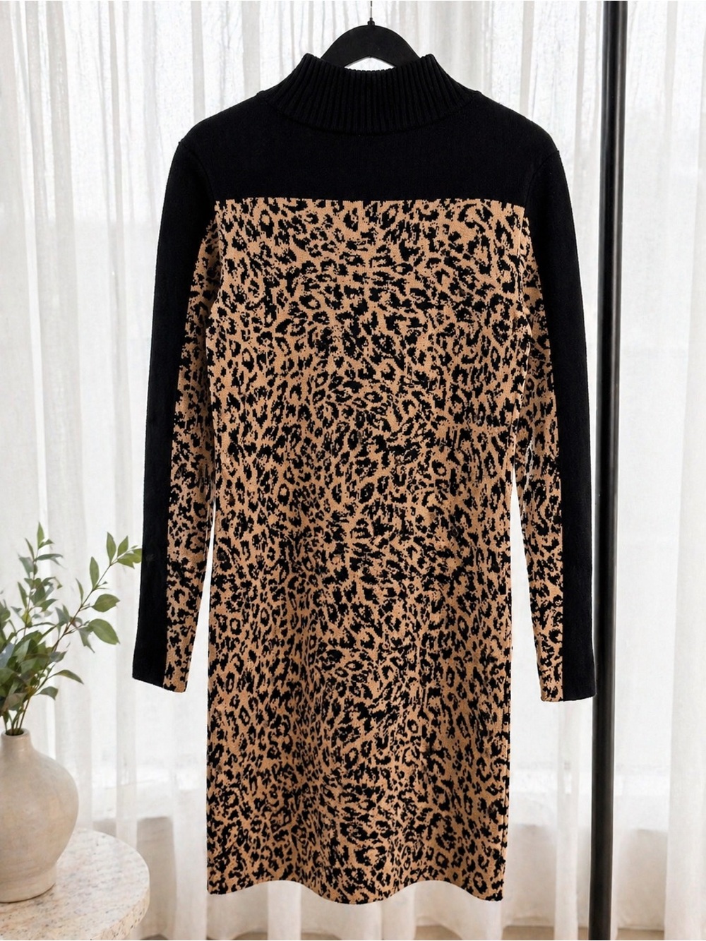 DKNY Black and Tan Leopard Print Turtleneck Knit Dress